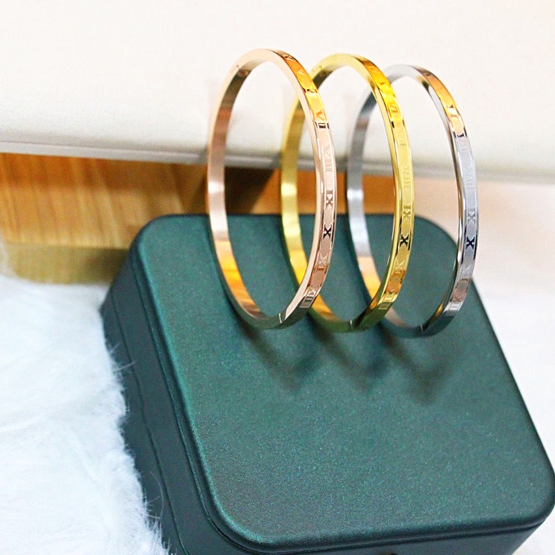 Gelang Titanium Premium Anti Karat Angka Romawi Lapis Emas 18K Korea Perhiasan Wanita