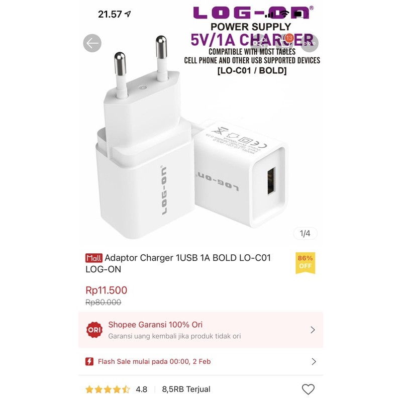 promo travel adapter logon LO-C01 1usb 1A maks smart power original