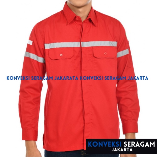 Baju Kemeja Safety K3 Lengan Panjang - Seragam Kerja Atasan Wearpack Werpack Werpak Proyek Tambang Warna Merah Pria Wanita - Konveksi Seragam Jakarta