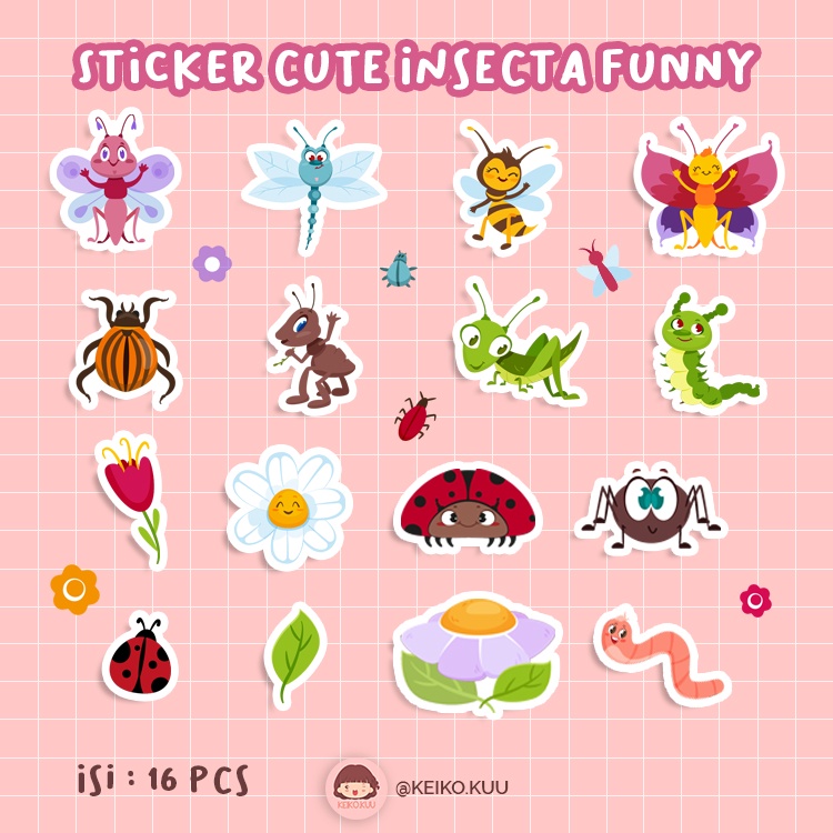 

STICKER CUTE INSECTA WATERPROOF MURAH ISI 16 PCS