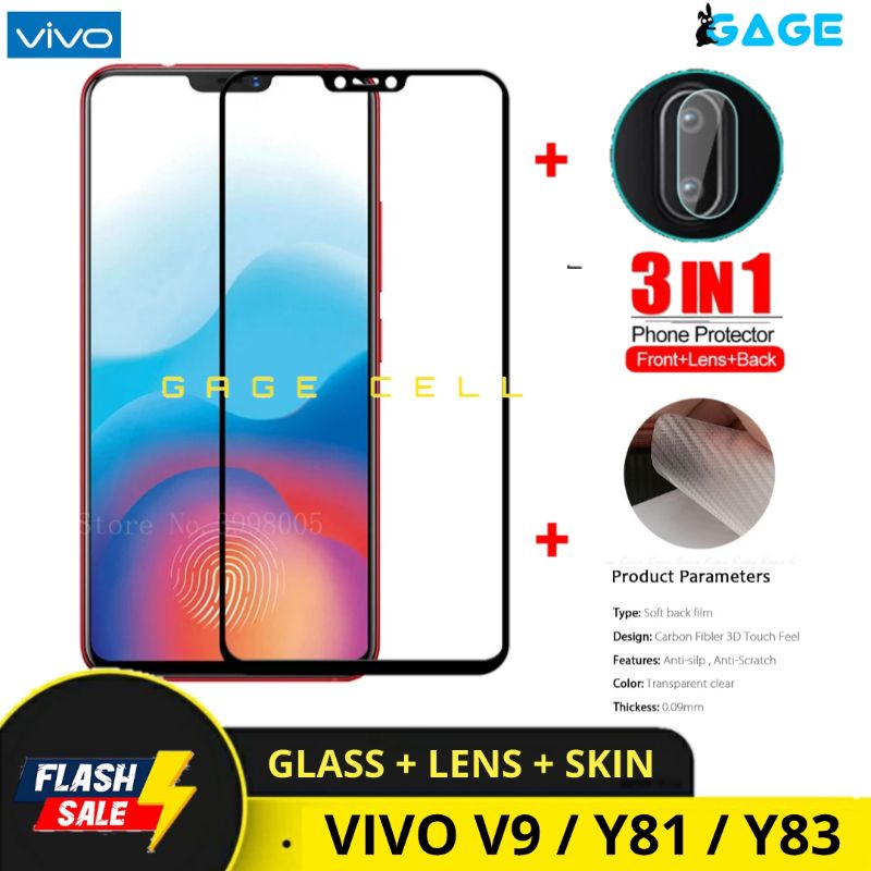 PROMO 3IN1 TEMPERED GLASS LAYAR KAMERA SKIN CARBON VIVO V9 Y81 Y83 TG ANTI GORES FULL SCREEN GUARD