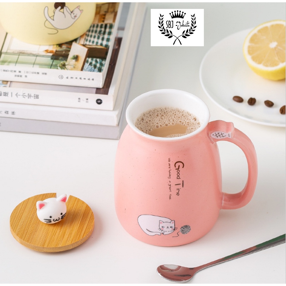 Cangkir Keramik Cat Mark Cup Gift Set Ceramic Mug 450 ml dengan sendok