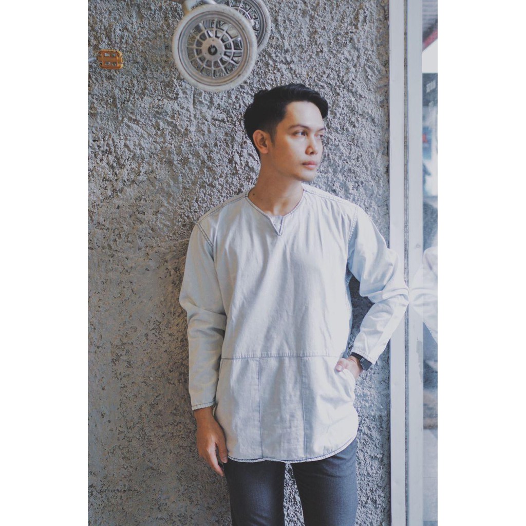 Kemeja jeans model kurta/kemeja kurta/kemeja panjang jeans