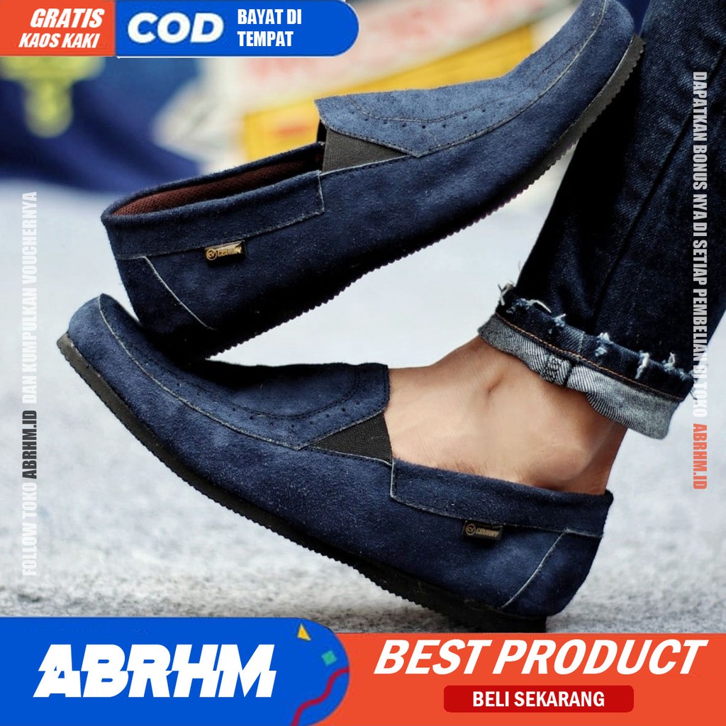 ABRHM X JESTER Sepatu Slip On Pria Sepatu Casual Slip On Kulit Asli Suede Cowo/Cowok Santai Kerja Sepatu Kasual Gaya Keren Kekinian Murah Terlaris