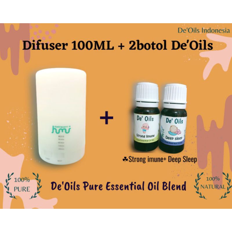 Difuser Humidifier 100ml + De'Oils Essential Oil Murni for baby Pure Essential Oil Imune Booster