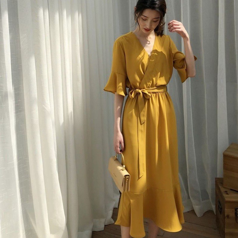 KDR-38 elegant dress with V-neck mid-length dress hitam mustard terusan wanita import korea