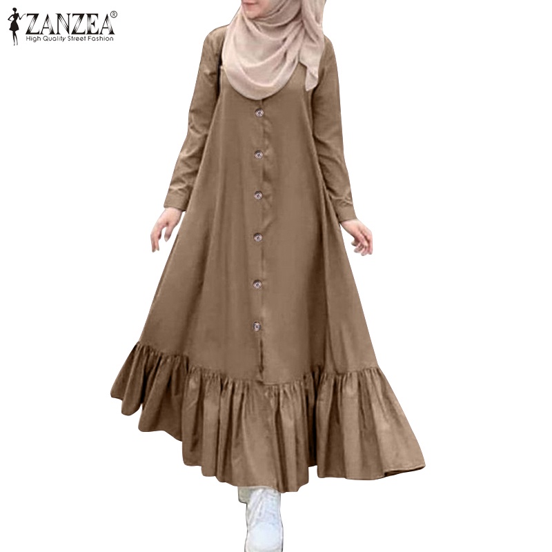 ZANZEA Women Long Sleeve Button Down Loose Flounce Hem Maxi Dresses