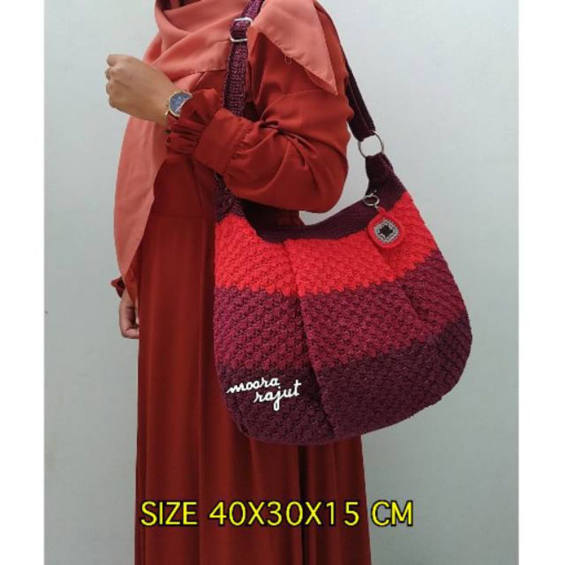 MOORA RAJUT TAS WANITA HOBO 3 WARNA MERAH MARUN BURGUNDY