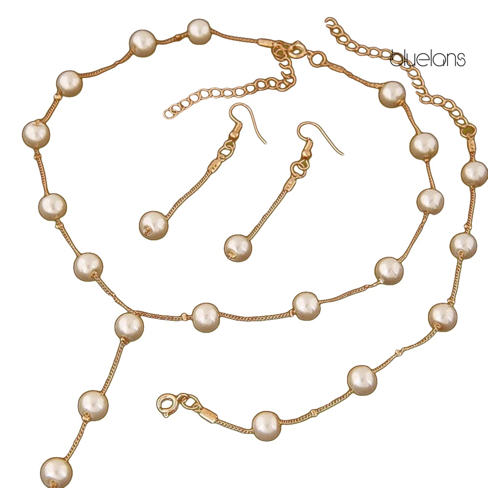 Bluelans 3Pcs Sweet Women Faux Pearl Long Chain Dangle Earrings Bracelet Necklace