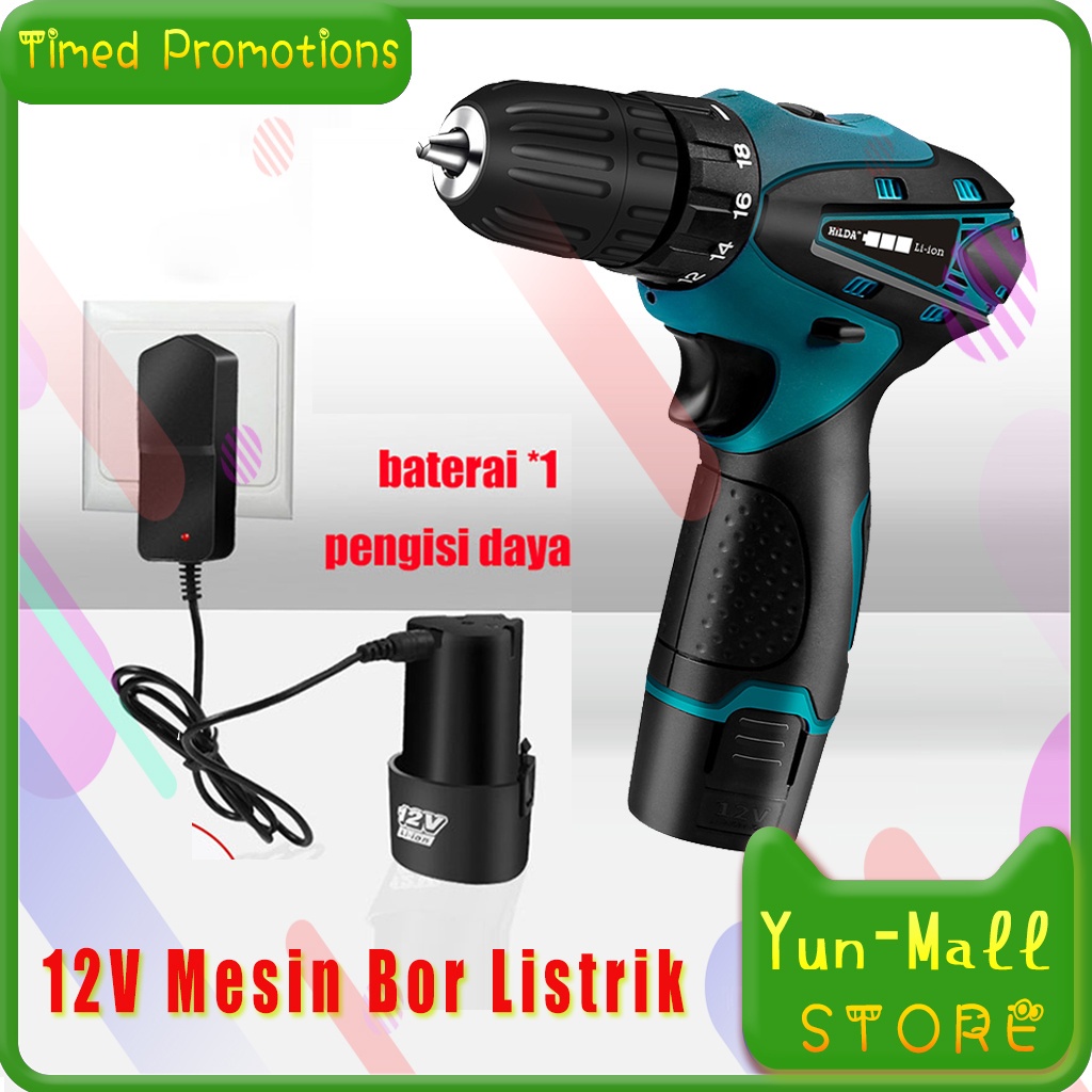 【COD+Pengiriman Cepat】 Mesin Bor Baterai 10mm 12V Mesin Bor Listrik Dual Speed Cordless Drill Set Dua Kecepatan Bor Listrik Obeng Elektrik 1/2 Batteries Pengisi daya