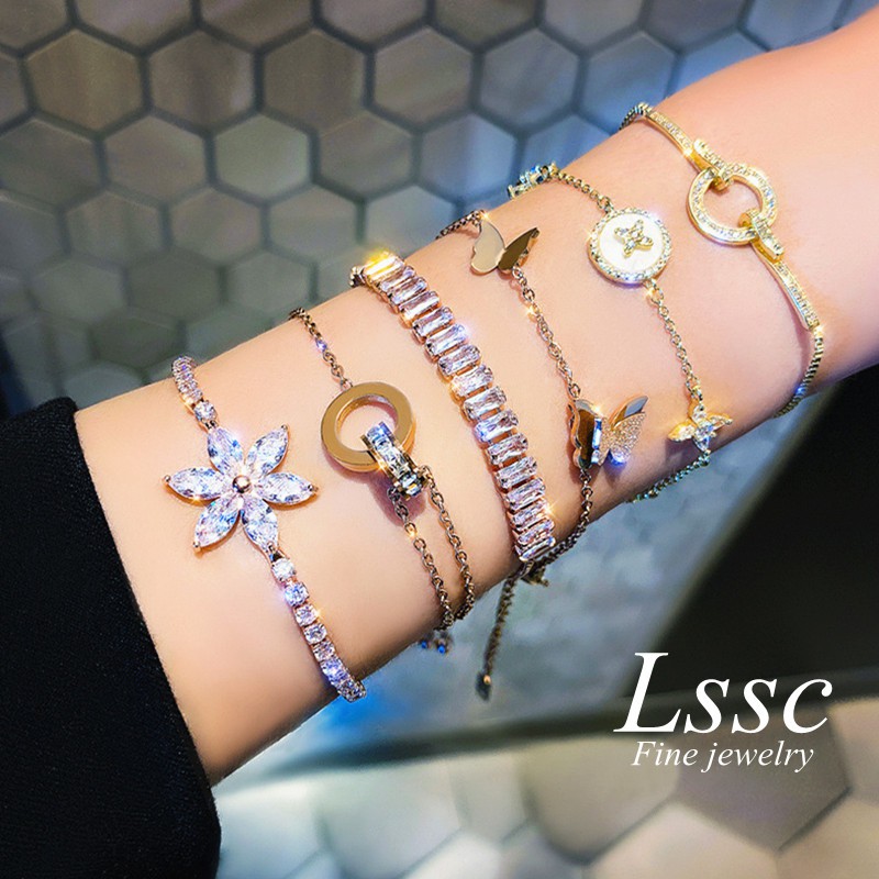 Gelang Titanium Wanita Anti Karat Kristal Mewah Bunga Kupu Desain Korea Bangle Ins Perhiasan Aksesoris Wanita