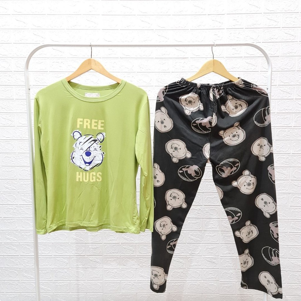 3535 kaos pajamas long green pooh one set import big baju tidur