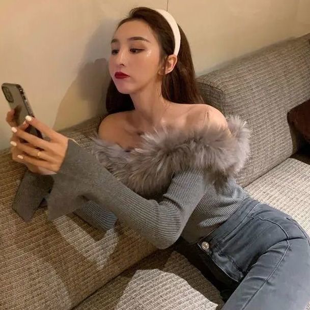 impor lembut leher kata sweater rajutan seksi lengan panjang sweater bottoming wanita atasan