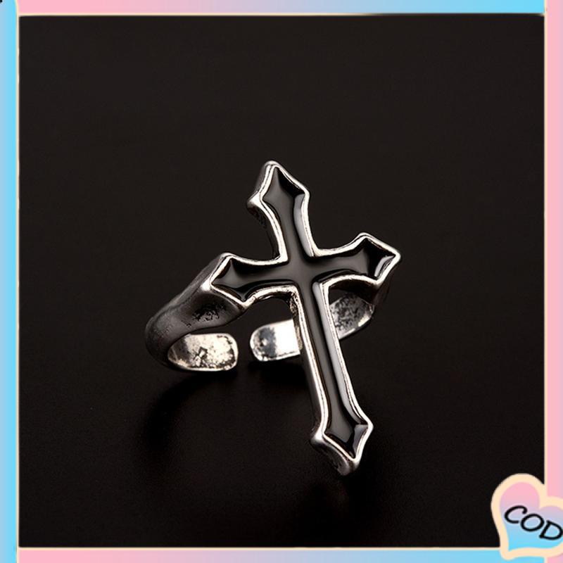 COD❤️ Retro Fashion Cross Cincin Pria Wanita Minyak Menetes Punk Jari Telunjuk Tren Cincin Hitam-A.one