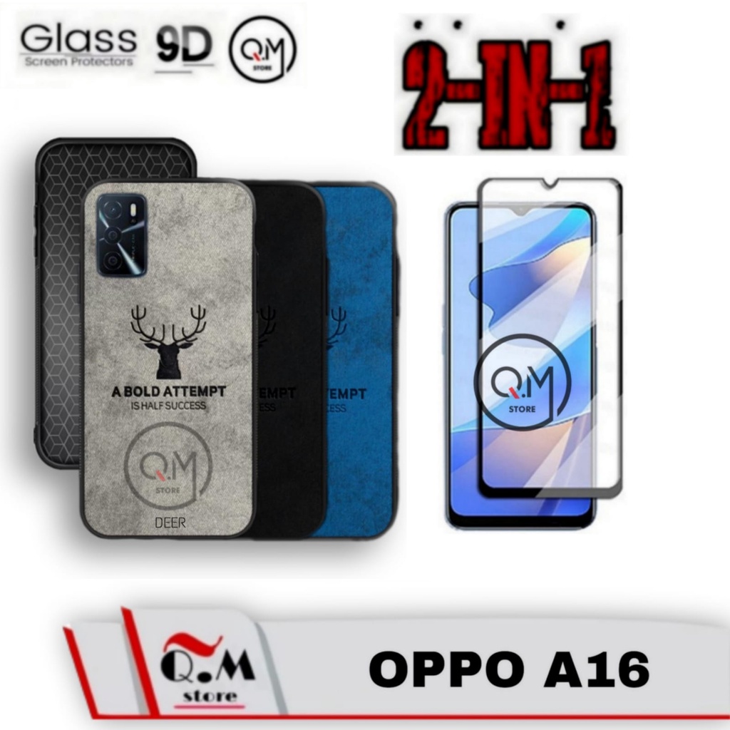 PAKET 2 IN 1 CASE OPPO A16 Softcase Deer Pelindung Back Cover Free Tempered Glass Plus Camera