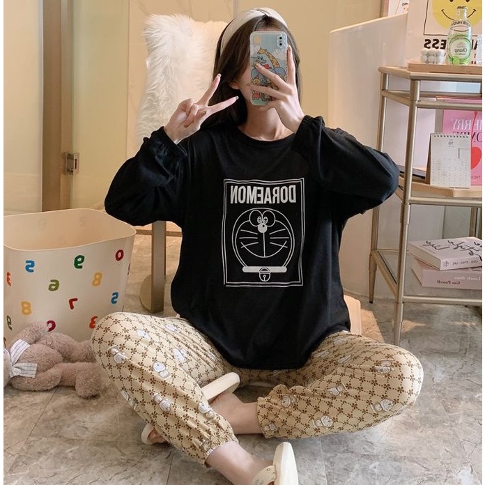AJW Shop Setelan Wanita Import Joger | Setelan Baju Tidur Wanita | Piyama Wanita-Dormn Hitam