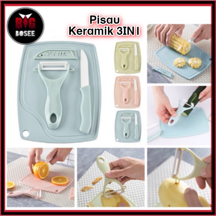 BB7 - Pisau Set Dapur 3IN1 Keramik Dengan Talenan Knife Set