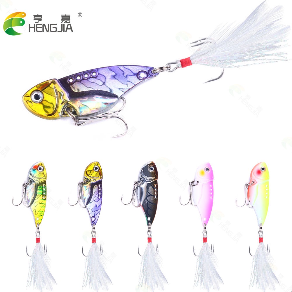 HENGJIA 5PCS/Lot Metal VIB Fishing Lures 5.5cm 11g Vibration Minow Fishing Lure Metal Hard Bait with 2 Treble Feather Hooks Fishing Tackle