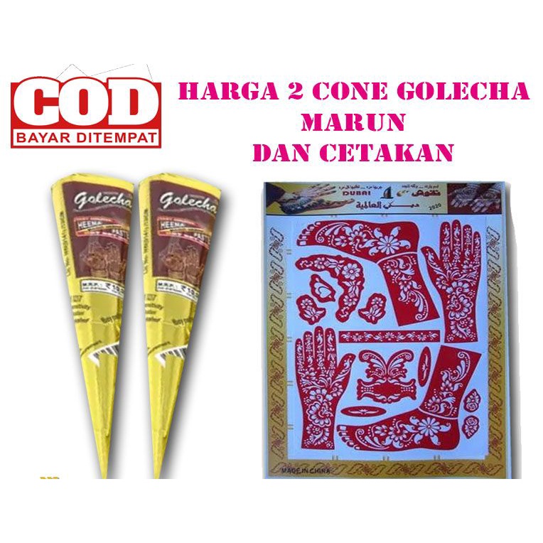 Hena Tangan Golecha Marun 2 Cone &amp; Cetakan Stiker Hena 1 pcs