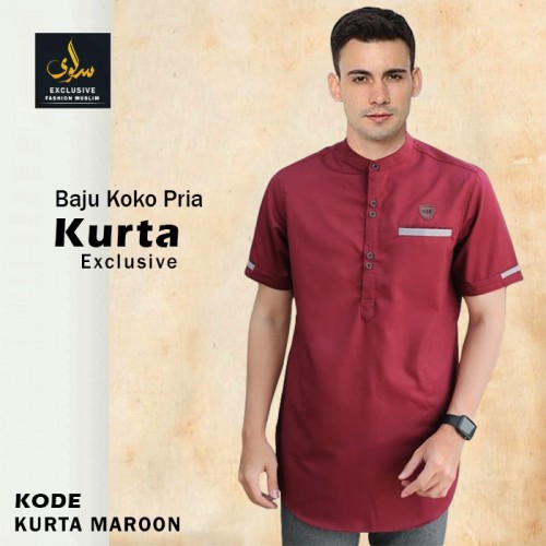 BAJU KOKO GAMIS PRIA LENGAN PENDEK BAHAN KATUN TOYOBO ORIGINAL KURTA WARNA MERAH MAROON