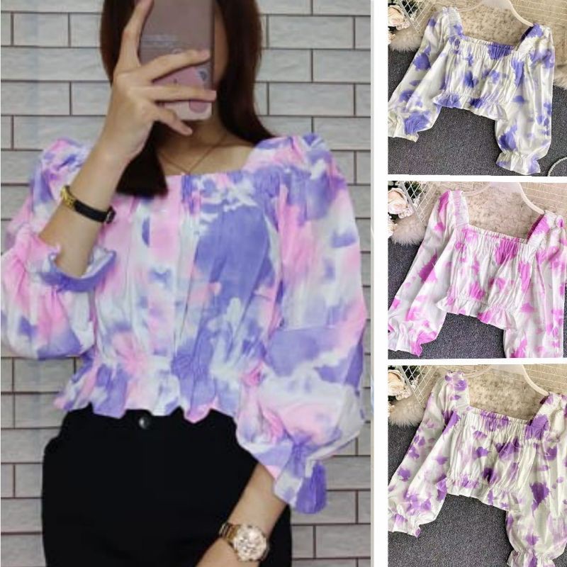 [COD] BLUS CROP TOP TIEDYE KERUT ANNETH /BLOUSE WANITA LENGAN PANJANG / Blouse tie dye