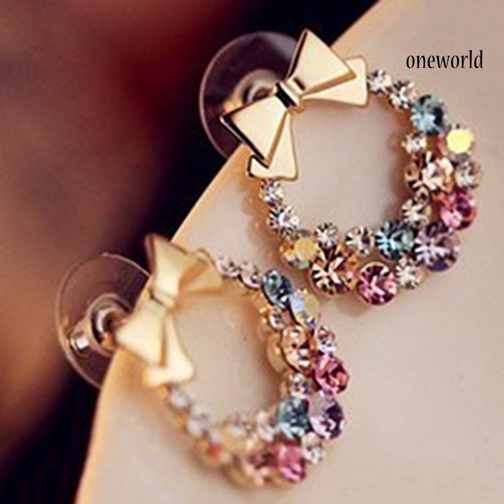 OW# Colorful Rhinestone Drop Earrings Bow Women Circle Hook Earrings Stud Earrings Fashion Jewelry