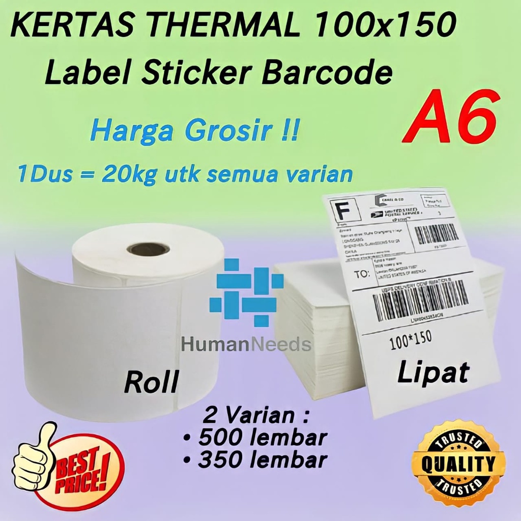 GROSIR Kertas Thermal Label Sticker Barcode 100x150 ukuran A6 Roll 350pcs 500pcs Lipat 350pcs 500pcs