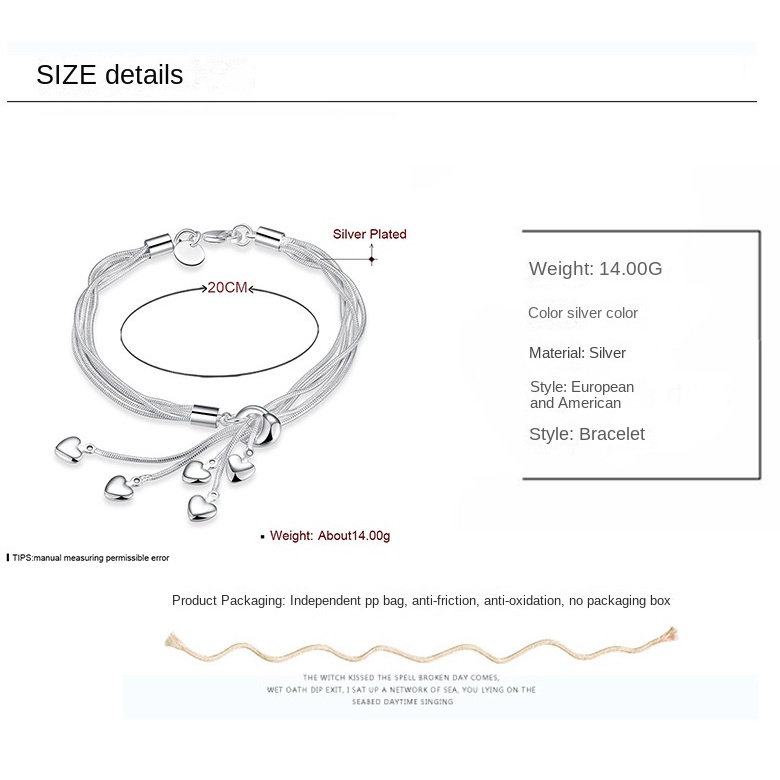 Gelang Rumbai Bentuk Hati Bahan Stainless Steel Lapis Silver Gaya Eropa Amerika Untuk Wanita