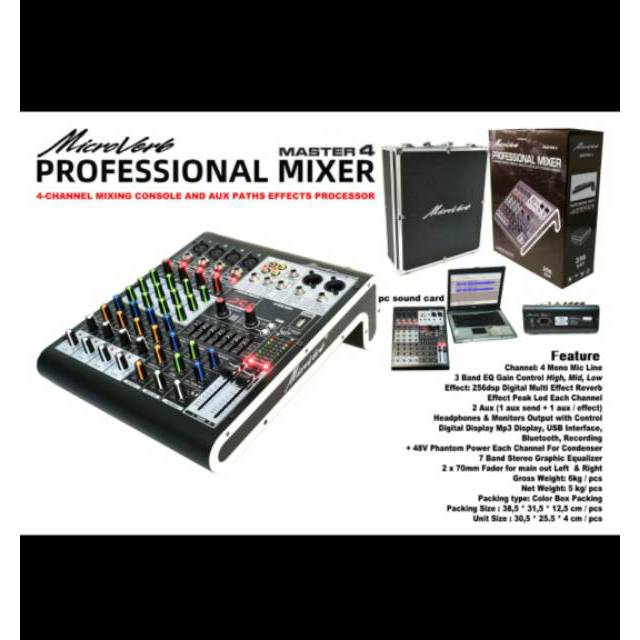 MIXER AUDIO MICROVERB MASTER4/MASTER 4 4CH FREE KOPER USB-BLUETOOTH-SOUNDCARD TO PC BARU ORIGINAL