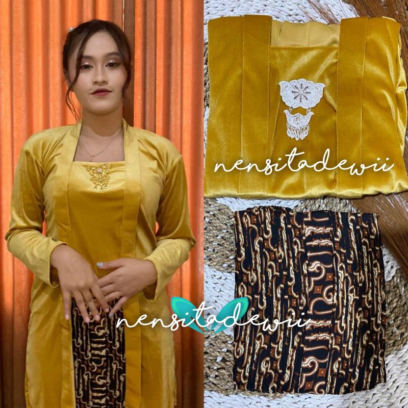 Kebaya Bludru Body Panjang + Rok Plisket / Nuansa Gold, Motif Parang Sekar