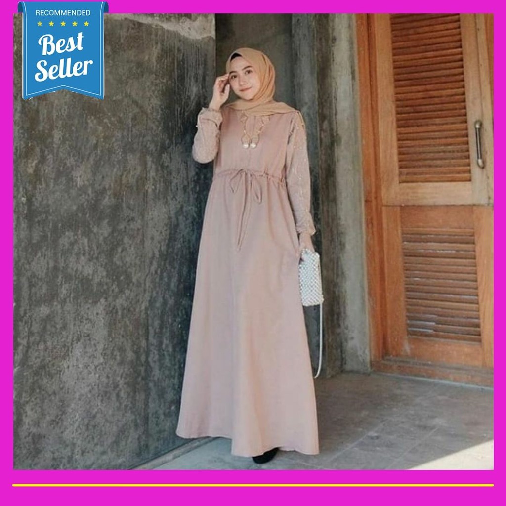 [COD] Asrana Gamis Brukat Maxy Dress Muslim Murah Moka Mocca Simple Polos Harian Mix Brokat Wanita