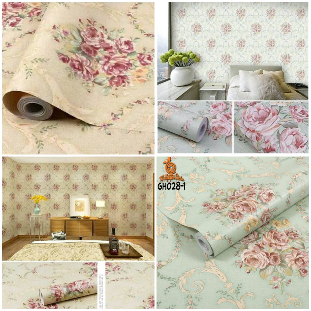 TERBARU WALLPAPER STIKER DINDING 45CM X 10M / WALLSTIKER BAHAN PVC PREMIUM HIGH QUALITY MOTIF BUNGA SHABBY CREAM / TOSCA BEST SELLER