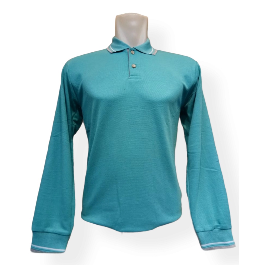 Kaos Kerah Polo Shirt Lis Lengan Panjang Warna Hijau Tosca Muda Untuk Cewe Cowo Seragam Partai