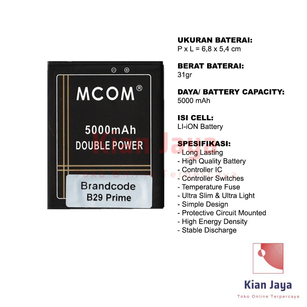 MCOM Baterai Brandcode B29 Prime Original Double Power Batre Batrai Battery Brancode