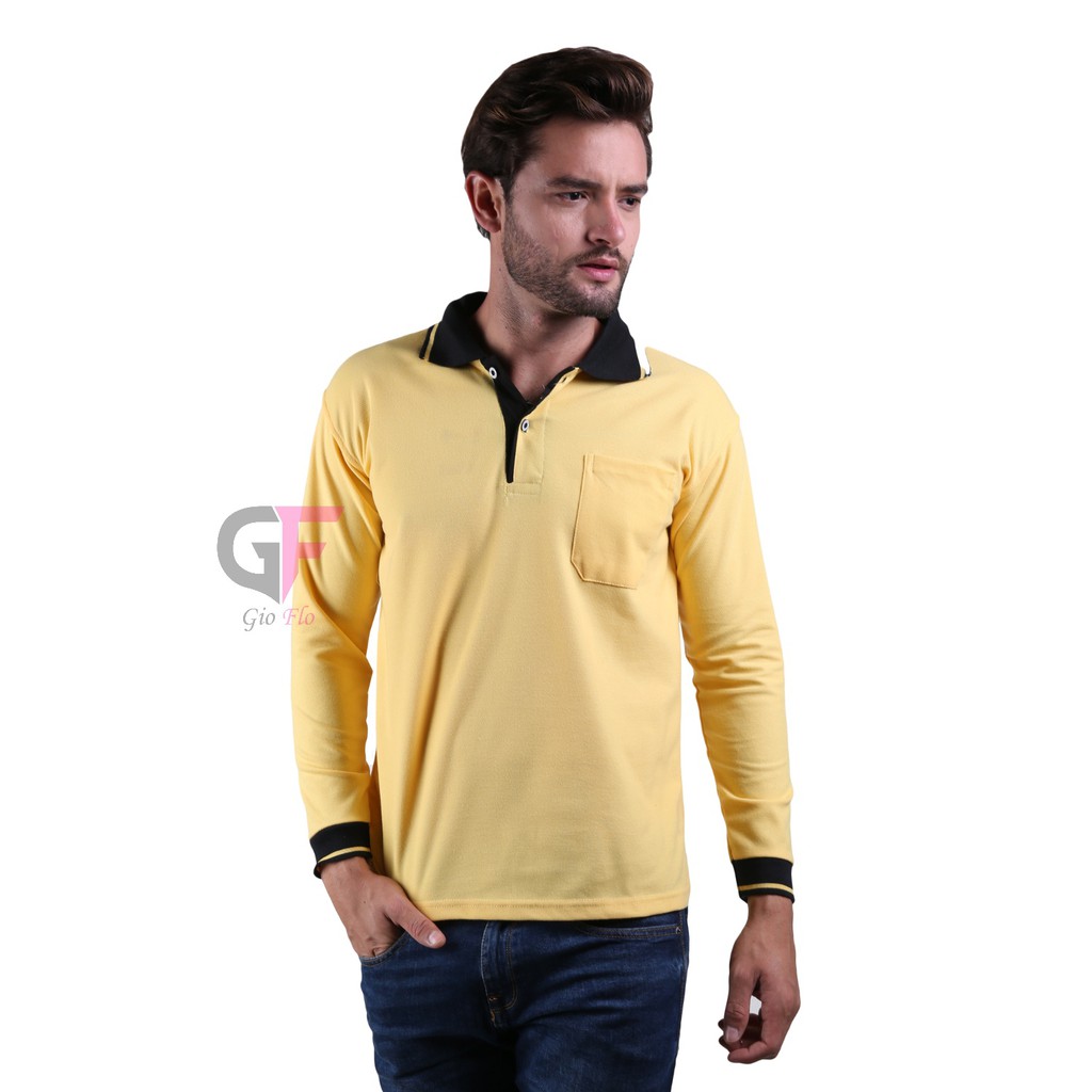 GIOFLO Atasan Pria Terbaru Polo Shirts Panjang Kuning Kerah Hitam / PLS 49