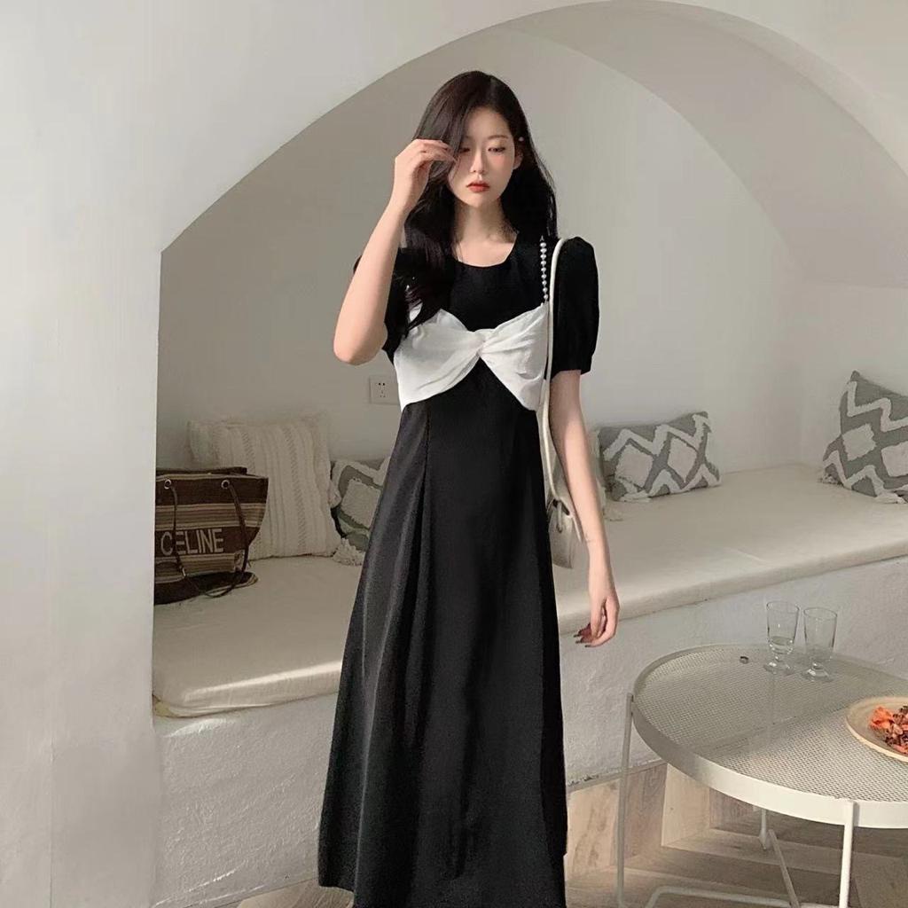 [littlecrab] Dress Pita Putih Biru Langit Hitam Long Dress With Pearl And Ribbon Simple Elegan Gaun Wanita Panjang Lengan Pendek Berkualitas Korean Style