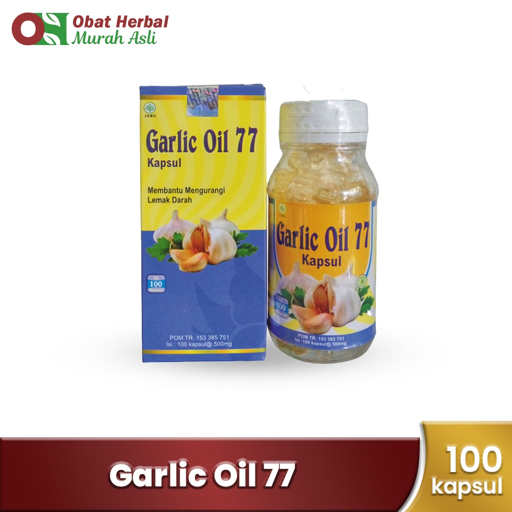 Garlic Oil 77 POM 100 Kapsul bawang oil Obat Flu - Bronchitis - Sakit Kepala Meningkatkan alkalitas dan kualitas pembuluh darah Mengatasi disentri dan cacingan pada anak Meningkatkan daya tahan (Imun) tubuh Mencegah dan mengobati flu, batuk, pilek, plek,