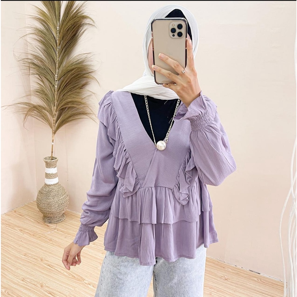 ilook | Blouse Ceria | Jiju Blouse Korean Style | Blouse Crinkle Ruffle | Atasan Blouse Wanita | Bahan Creepe-3