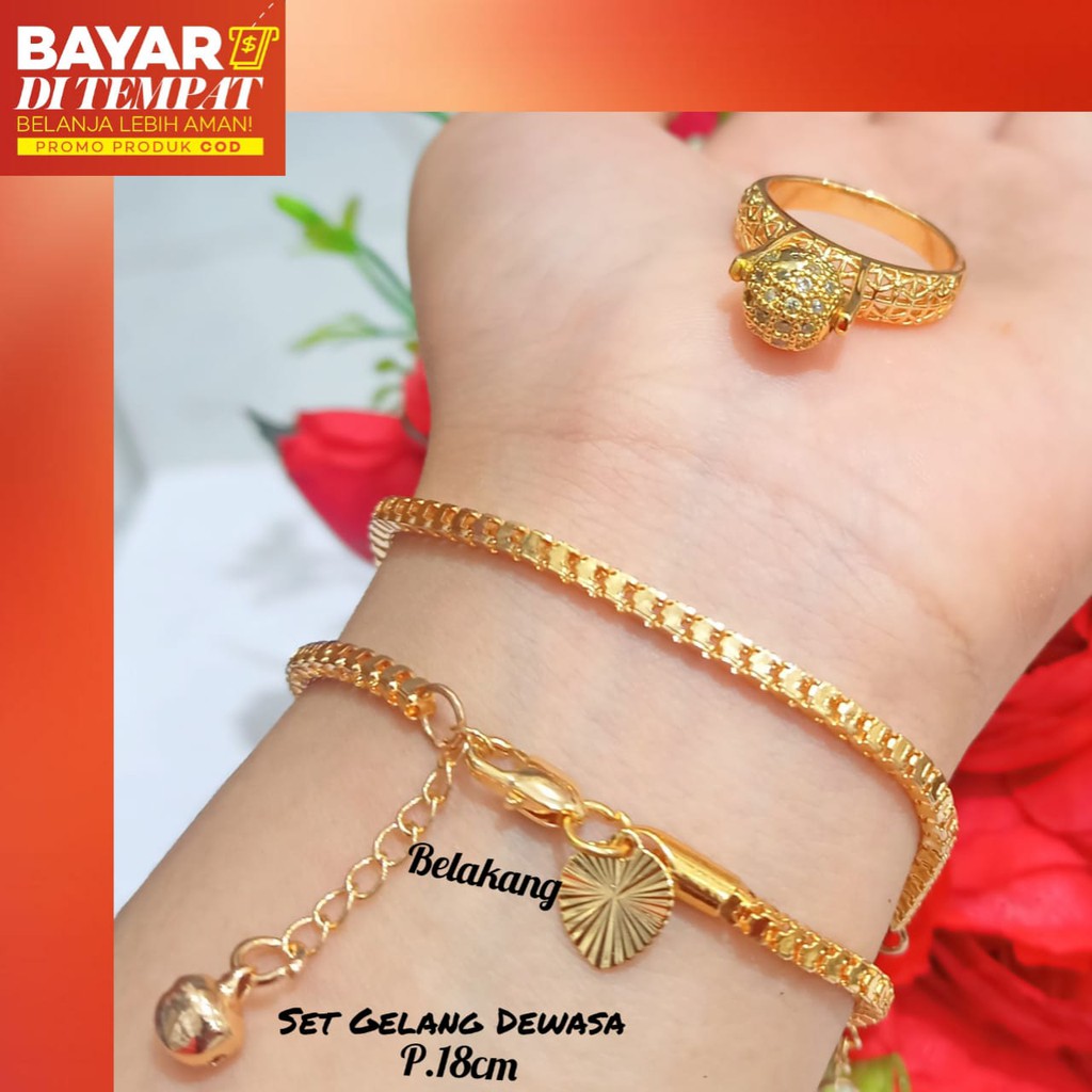 Set Gelang Tangan Dewasa Milano kaca&amp; cincin permata zircon emas anti karat termurah