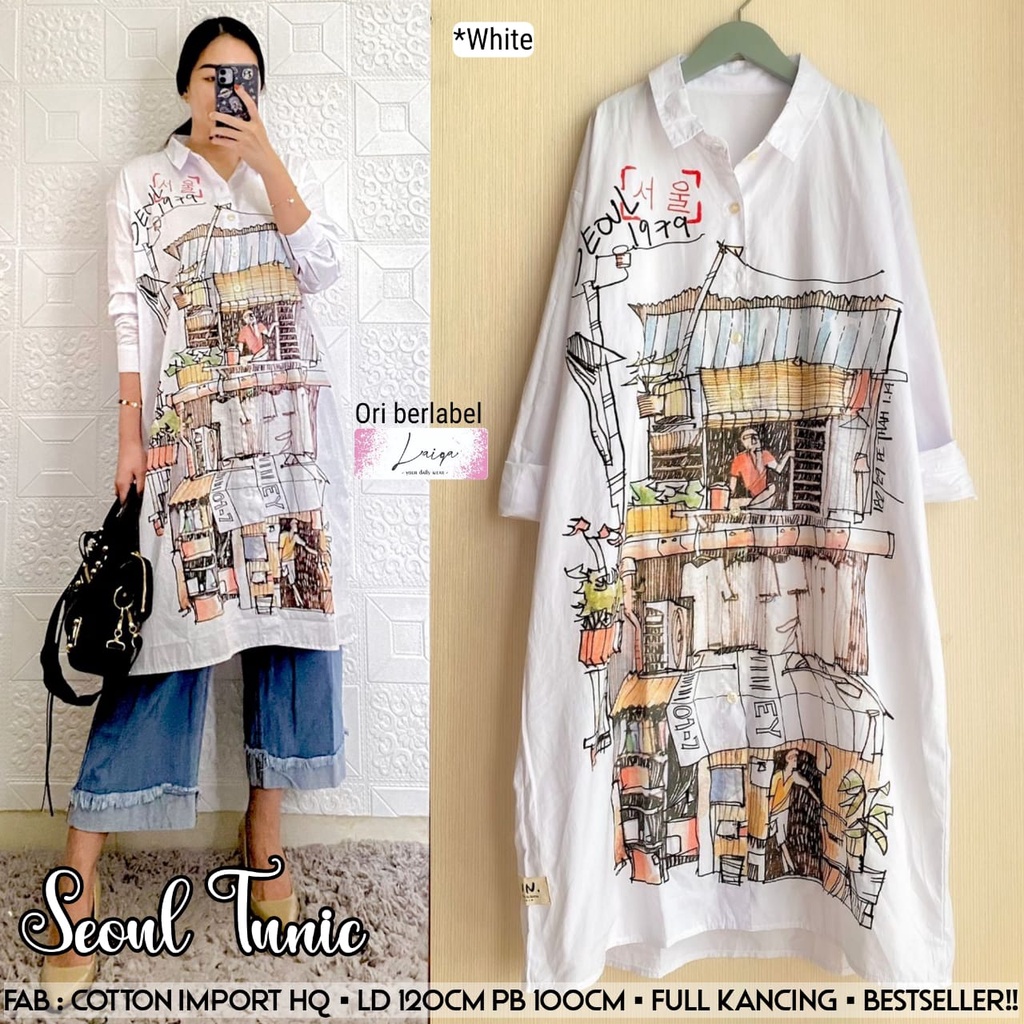 SEOUL TUNIC ori by Laiqa • Tunik Putih • Tunik Printing • Tunik Korea • Tunik Motif • Tunik Putih Po