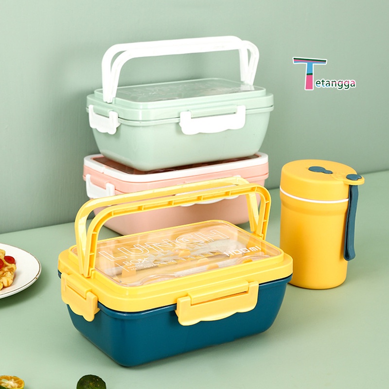 Lunch Box Set Kotak Bekal Makan Siang Bahan Jerami Pegangan Melengkung + Sendok Dan Sumpit memiliki