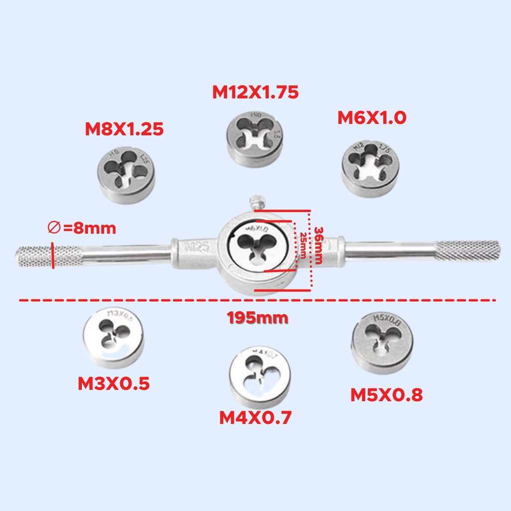 8 pcs HAND TAP HANDTAP SENAI DRAT DERAT BAUT SET M3 M4 M5 M6 M8 M10 M12 ( M3-M12)  Adjustable 8Pcs