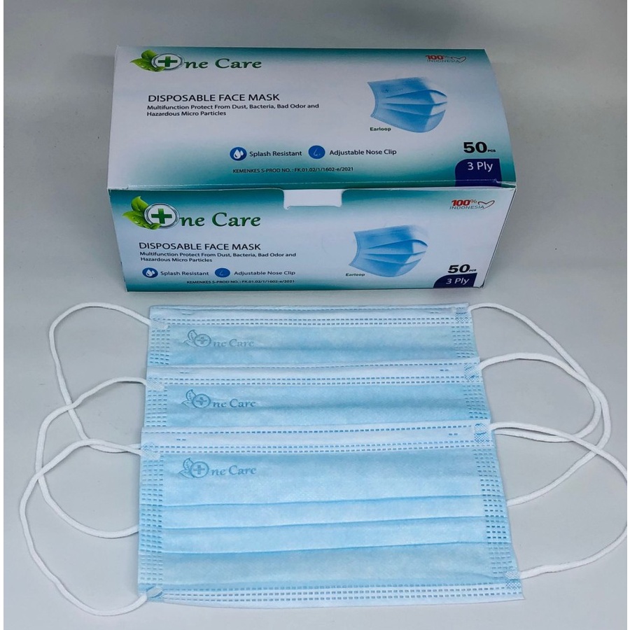 Masker OneCare Indonesia Earloop One Care Lokal Kemenkes 3ply - Biru Embos - 1 Box isi 50 Pcs - Prem