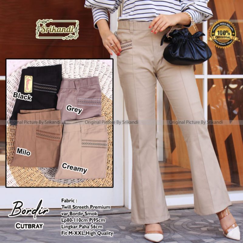 Celana Cutbray Wanita Saku Bordir Bahan Twill Strecth Tebal dan Ngaret