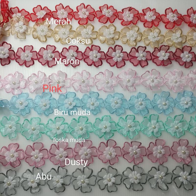 Renda Bordir Organdi kelopak mutiara per 24 kembang/90 cm
