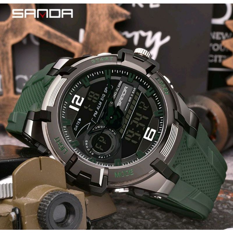 TERVIRAAAAALLLLL 0SANDA 6015 Jam Tangan Pria Digital Analog Sport EL Backlight Tali Rubber Anti Air