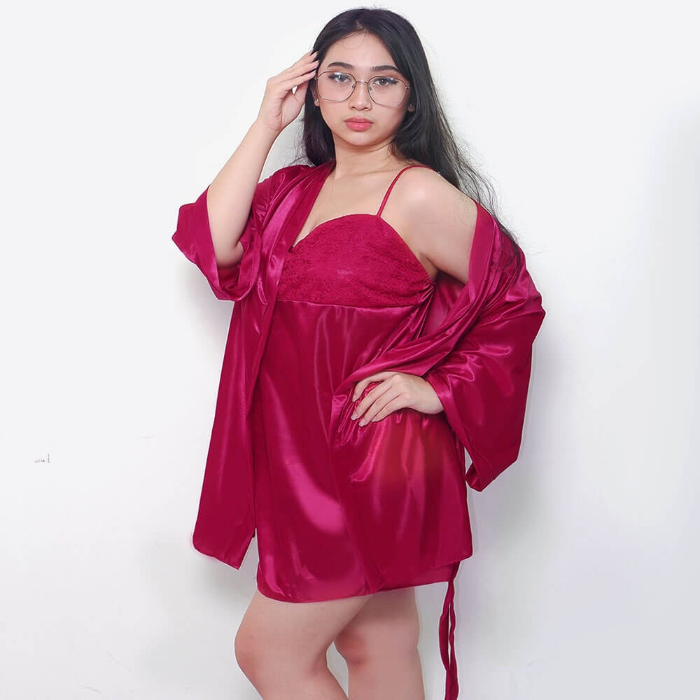 FOLVA kimono set baju tidur satin 1271MSET_XL maroon big size jumbo