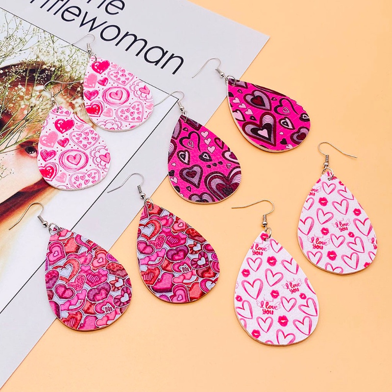 SIY  12 Pairs Valentine Day Leather Earrings Women Lightweight Heart Shape Print Teardrop Dangle Faux Leather Earrings Kit