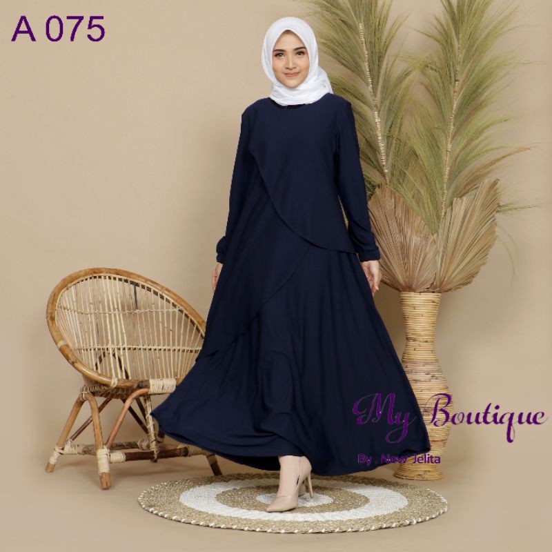 My Boutique Fashion Gamis A075 Navy Polos Stella Crepe Premium All Size LD 110 Tangan Karet PB 137