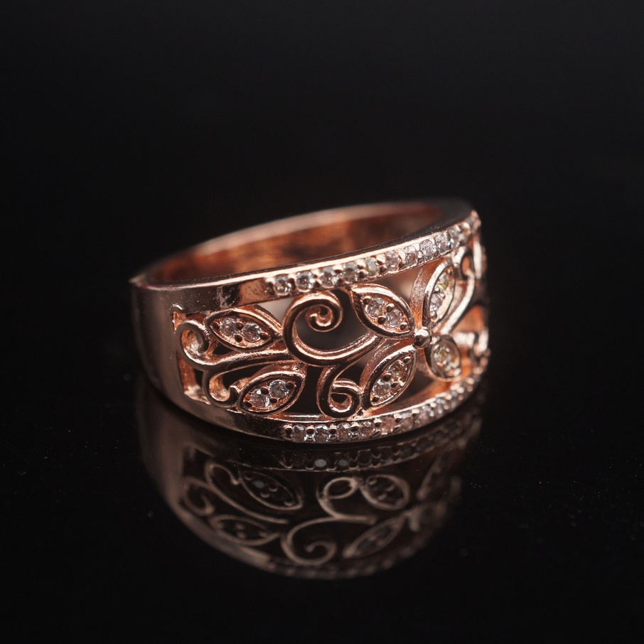 Cincin Wajah Lebar Wanita 925 Perak Mawar Emas